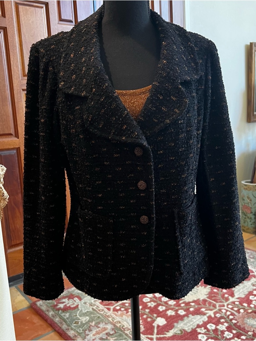 St. John Set Jacket & Knit Top Bronze Metallic Black Tweed Size 10